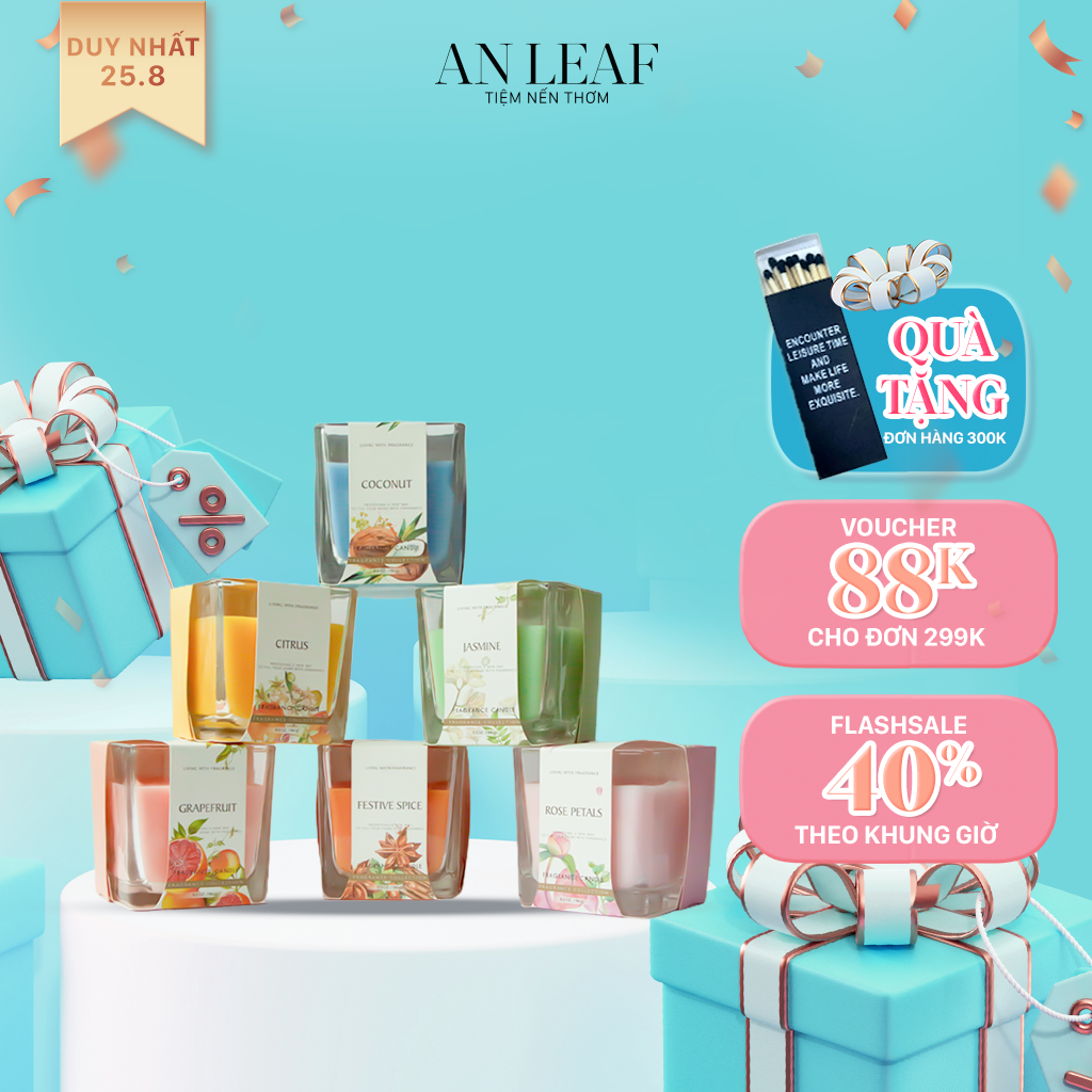 Nến thơm phòng, cốc nến thơm ly vuông Living With Fragrance 184g hương thơm nhiệt đới