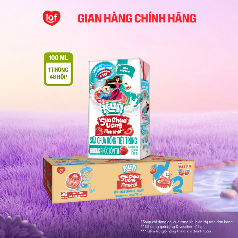 Sữa chua uống tiệt trùng KUN hương phúc bồn tử thùng 48 hộp x 100ml