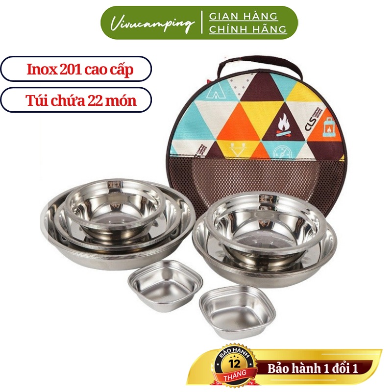 Bộ bát đĩa inox xếp gọn chính hãng CLS có túi đựng, bộ chén đĩa dã ngoại camping