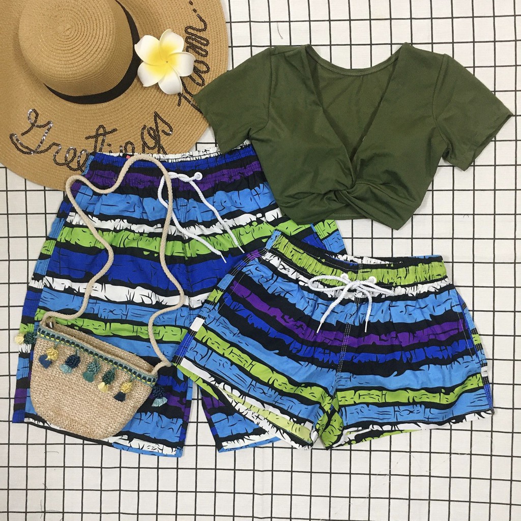 Đồ đôi quần couple đi biển quần cặp đi biển quần dù đi biển rằn ri xanh tím mix áo tay ngắn xoắn xanh rêu