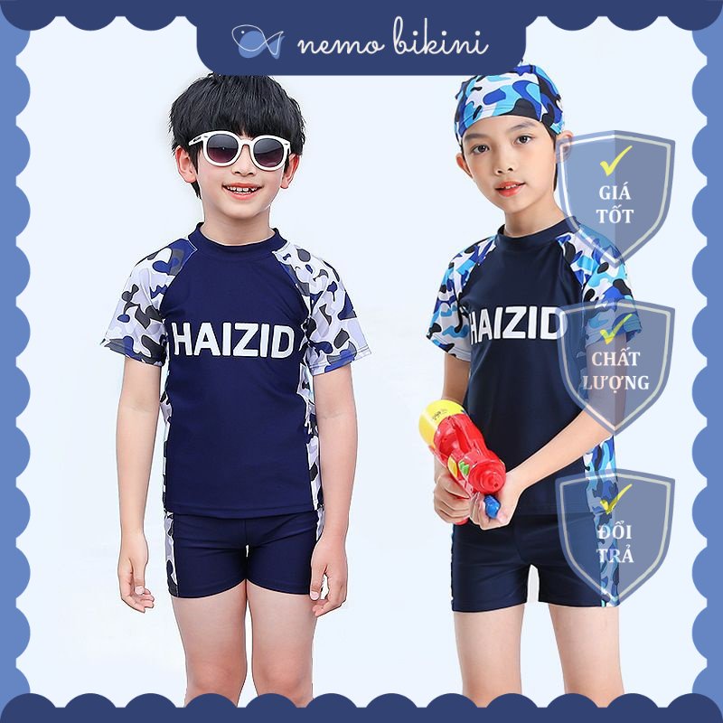 Bộ đồ bơi bé trai cộc tay quần đùi kèm mũ bơi hoạ tiết rằn ri Nemo Bikini - BT1