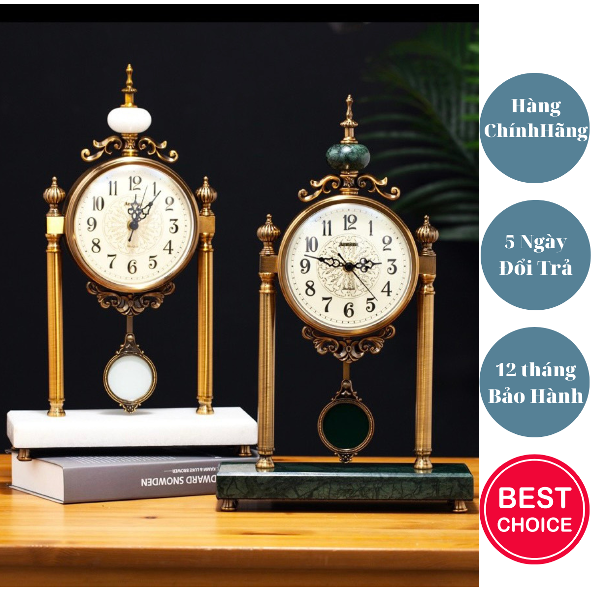 Đồng hồ để bàn đá cẩm thạch, hàng xuất khẩu Châu Âu, động cơ tĩnh âm kim trôi, quả lắc dao động, Mã DH82