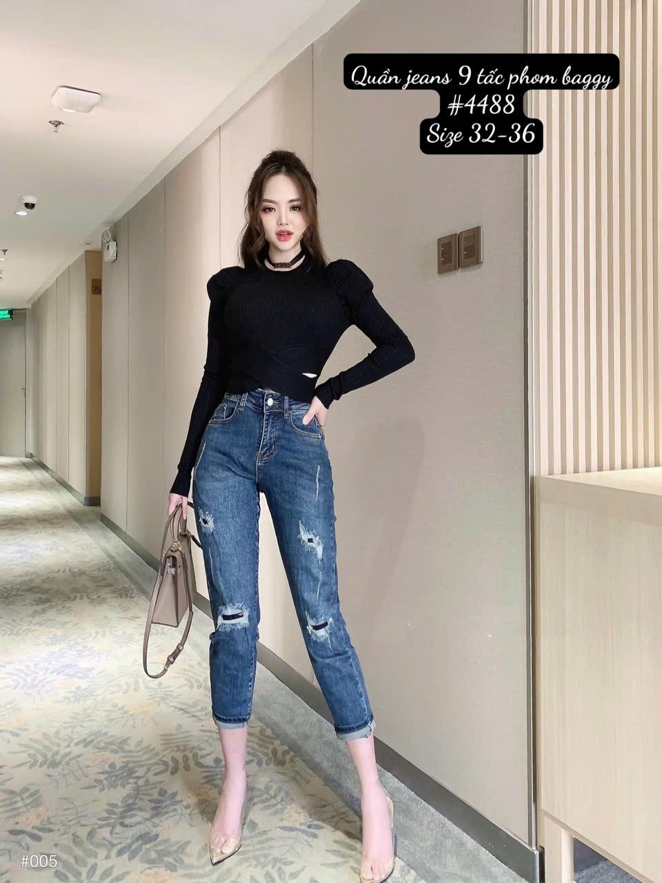 Quần jean nữ 9 tấc hàng co giãn mẫu rách dáng baggy từ 60-85kg mã 4488