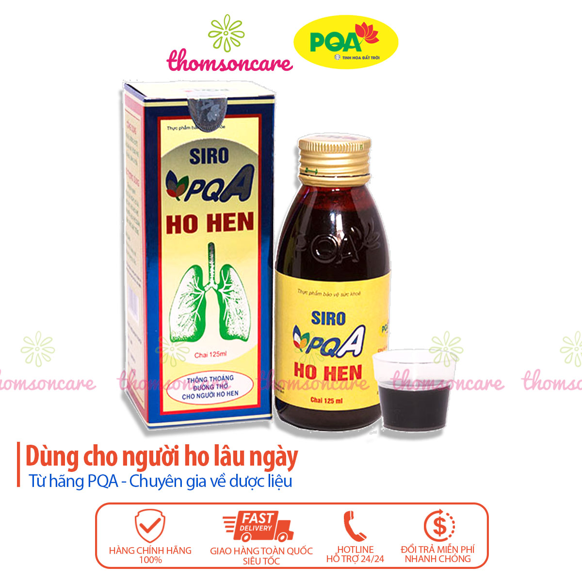 Siro PQA ho hen giảm ho bổ phế từ thảo dược, giảm nóng trong chai 125ml siro từ đông y