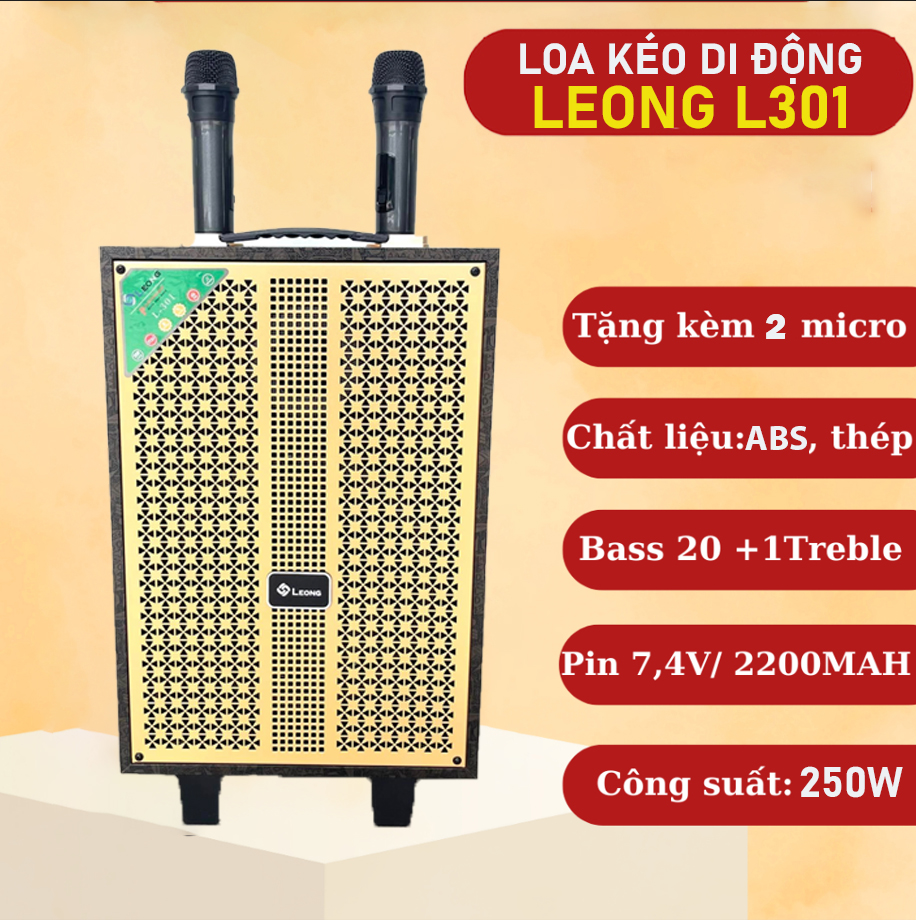 ( LOA MỸ CHÍNH HÃNG ) Loa Karaoke Di Động LEONG L301,Tặng Kèm 2 Mic Không Dây - Thiết Kế  Bass 20, 1Treble Công Suất Lớn 250W Âm Thanh Chắc, Tiếng Lớn Không Bị Rè , Mic Hát Vang Tích Hơp Vang Số Chỉnh Cơ  Echo ,Delay