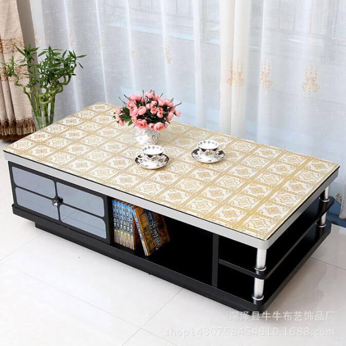 Khăn Trải Bàn Ăn Nhũ Vàng-Trắng Chống Thấm Sang Trọng