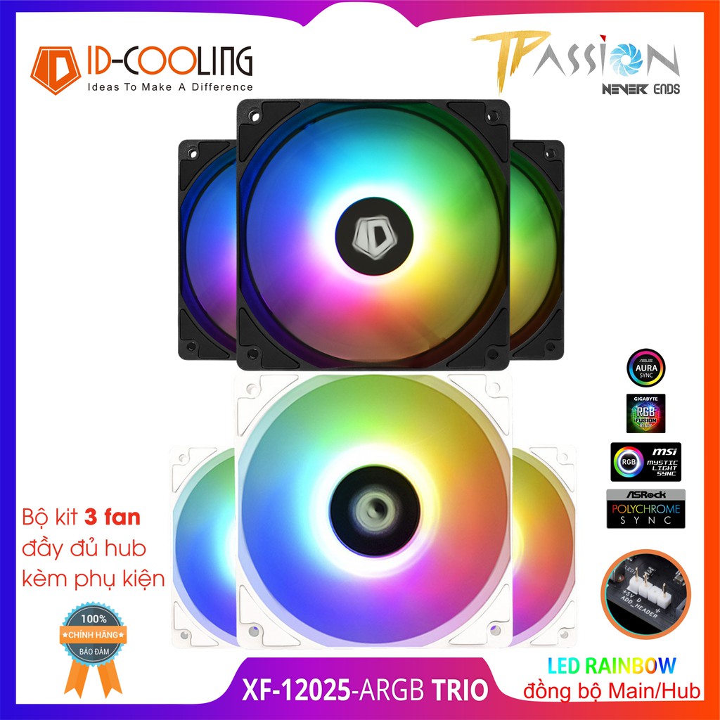 [HCM]Bộ 3 quạt fan case ID-Cooling XF-12025 ARGB TRIO | SNOW EDITION - Tản nhiệt tốt sức gió cao LED ARGB rainbow tuyệt đẹp - Kit 3 Fan Trắng Snow
