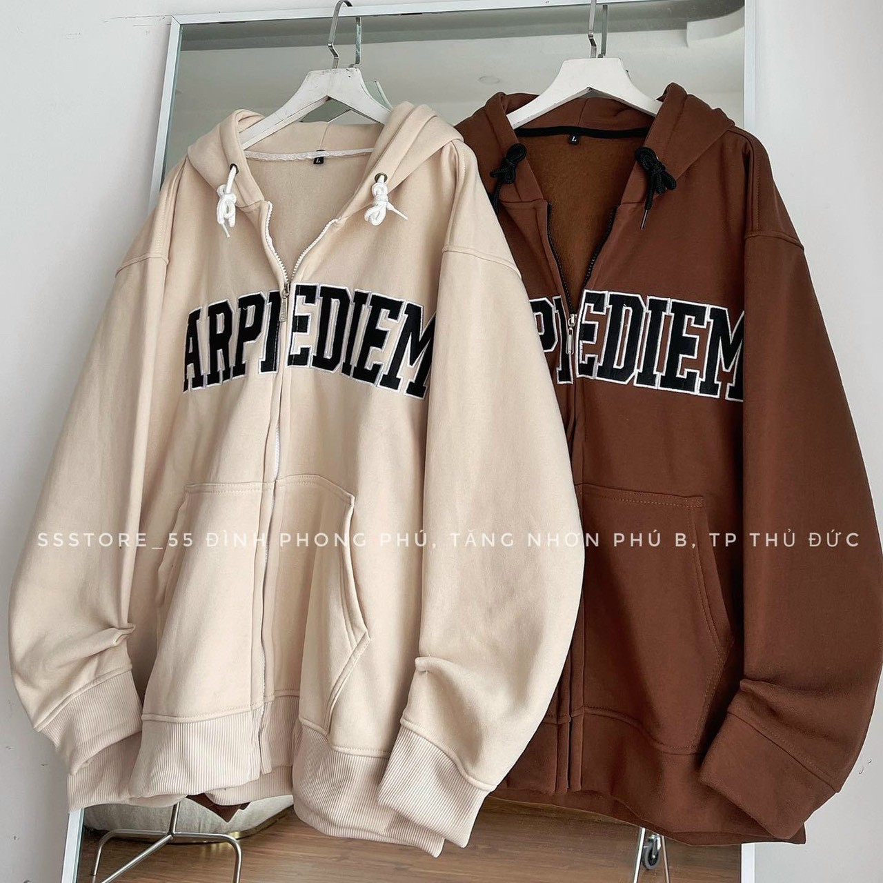 Áo khoác hoodie, logo in chữ arpe-diem, dây khóa kéo nón lớn fom rộng phong cách hàn quốc. tp