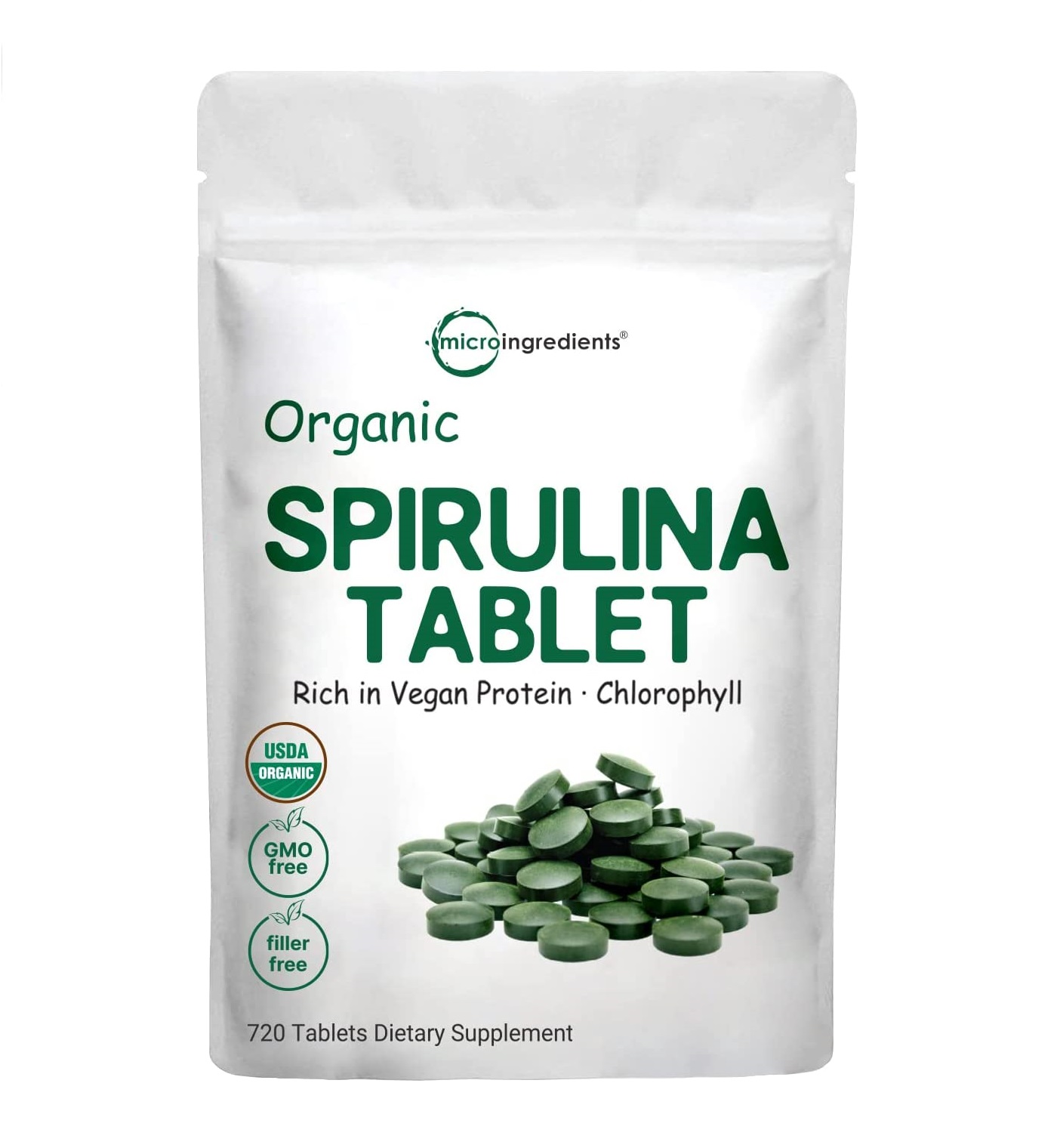 Viên tảo xoắn, tảo lục hữu cơ Micro Ingredients Spirulina Chlorella 3000mg - Giảm mụn thâm, chống lão hóa, tăng cường sức khỏe toàn diện 720 Viên