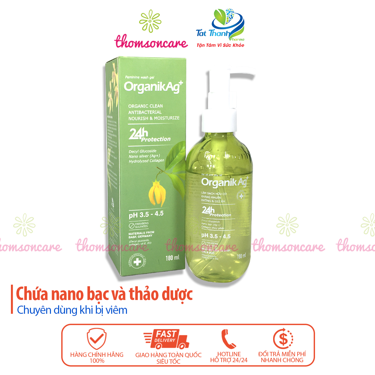 Dung dịch vệ sinh phụ nữ Organik Ag+ có Nano bạc - ddvs Giúp cân băng độ ẩm PH - Chai 180ml có vòi rửa phụ khoa