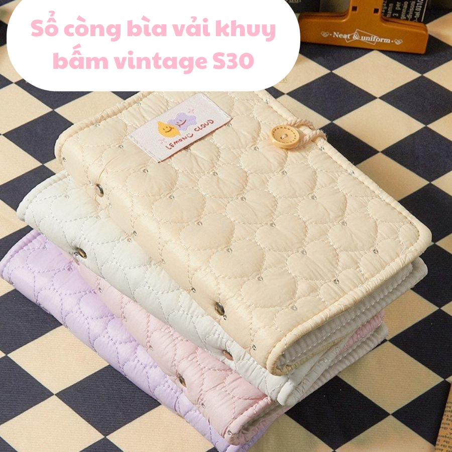 Sổ còng mix giấy caro + kẻ ngang bìa vải khuy cài vintage 100 tờ S30, sổ tay A5-A6 làm nhật ký, take note ghi chép
