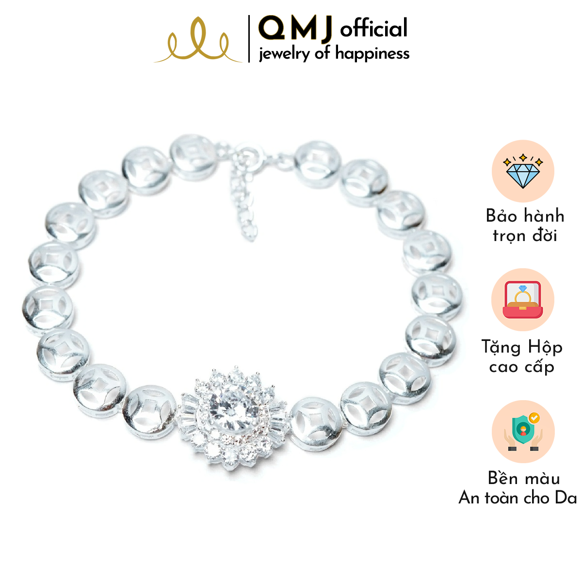 QMJ Lắc tay bạc kim ngân 925 cao cấp, thiết kế hình bông hoa nạm đá sáng kết hợp với các mắt kim tiền nối liền với nhau tạo vẻ đẹp hoàn mĩ, thích hợp với cô nàng thích sự độc và lạ trang sức thời trang nữ đẹp - QLL291