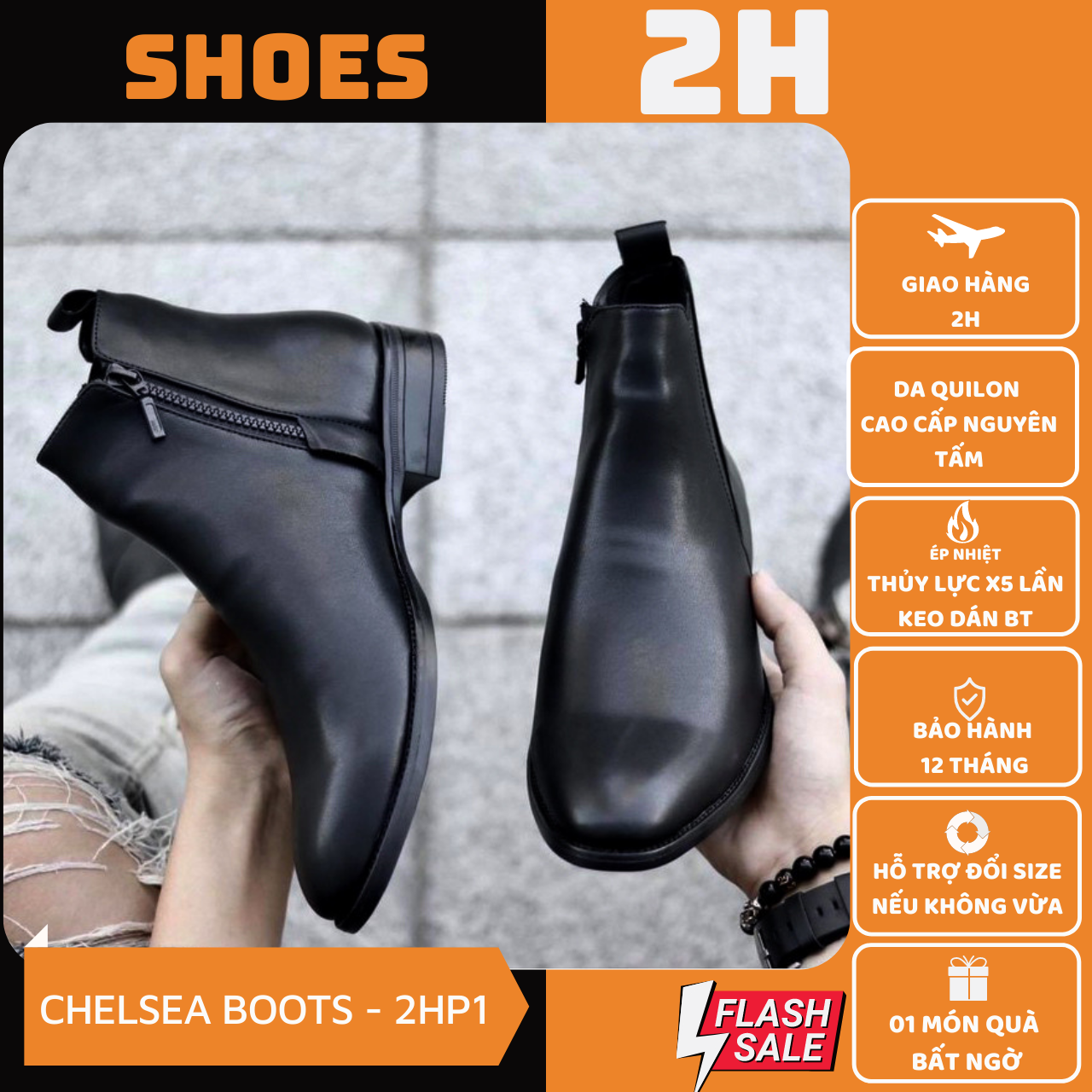 Chelsea Boots Classic da Quilon, giày bốt nam 1 bên kéo khóa, 1 bên phối thun cá tính 2H-P01