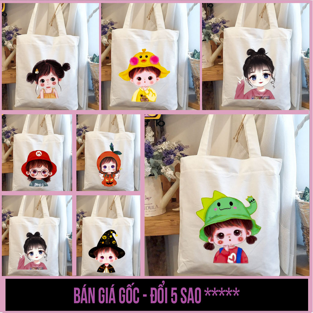 Túi tote vải canvas VUÔNG có khóa kéo in hình cô, cậu bé dễ thương