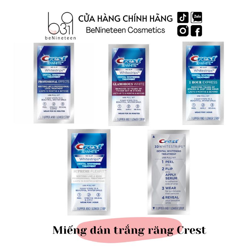 Miếng Dán Trắng Răng Crest 3D Whitestrips Glamorous White/Professional/Charcoal Mint