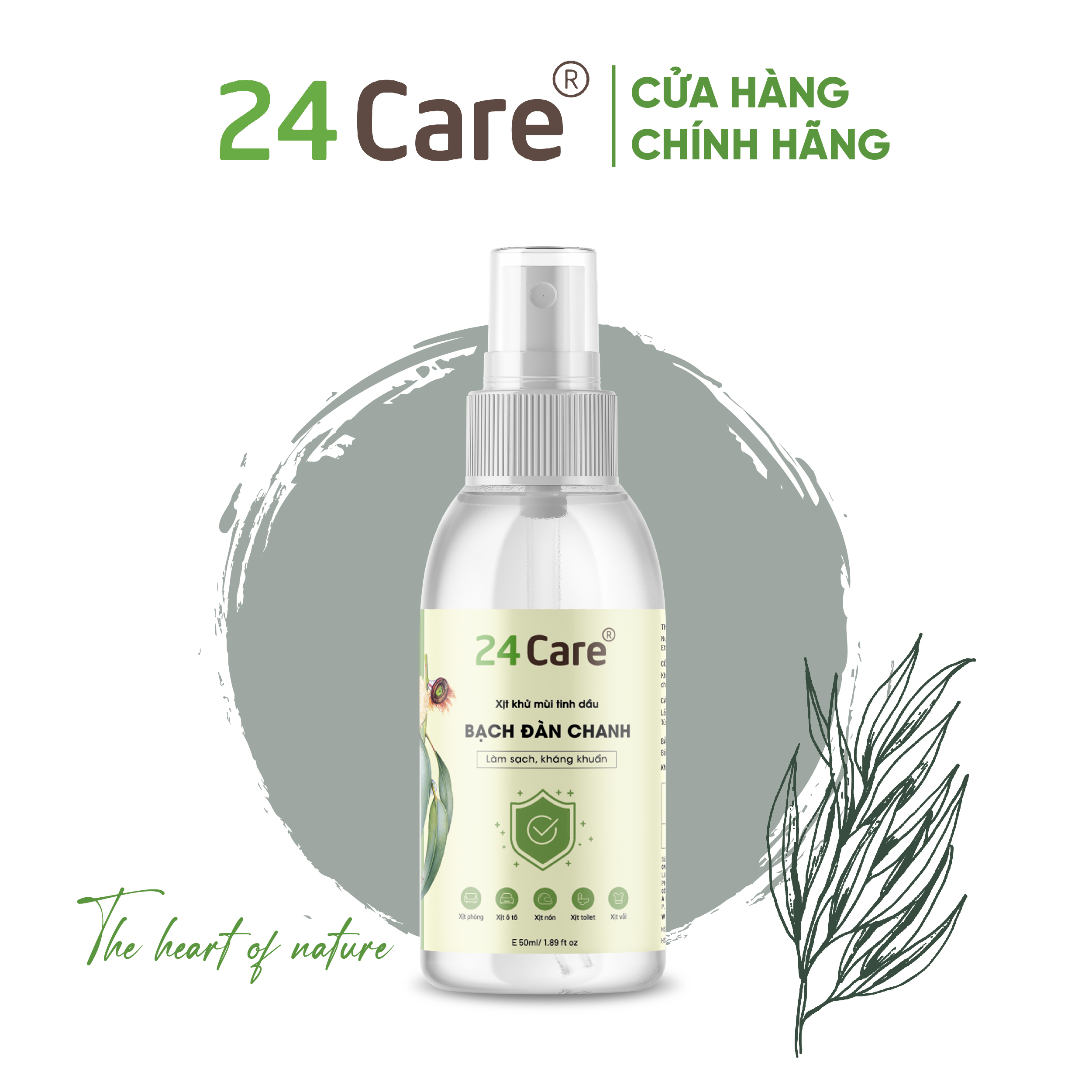 Xịt Phòng Tinh Dầu Bạch Đàn Chanh Hữu Cơ Organic  24Care 50ML/100ML - Kháng khuẩn - Khử mùi hôi - Đuổi muỗi - côn trùng - Hương thơm mạnh mẽ giúp tái tạo năng lượng nhanh, giảm stress hiệu quả