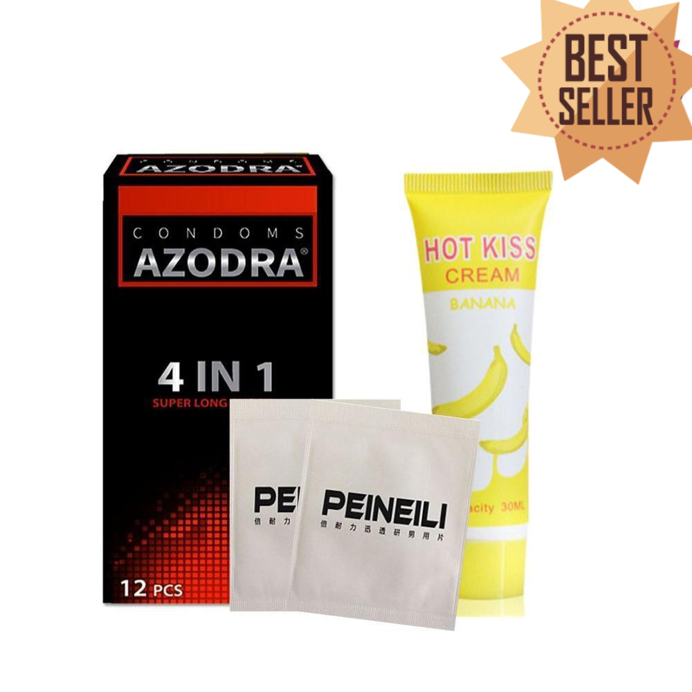 [HCM][Combo tiết kiệm] Bao cao su Azodra 4in1 12s kéo dài thời gian tặng khăn peineili 2 chiếc với gel bôi trơn Hotkiss chuối 30ml