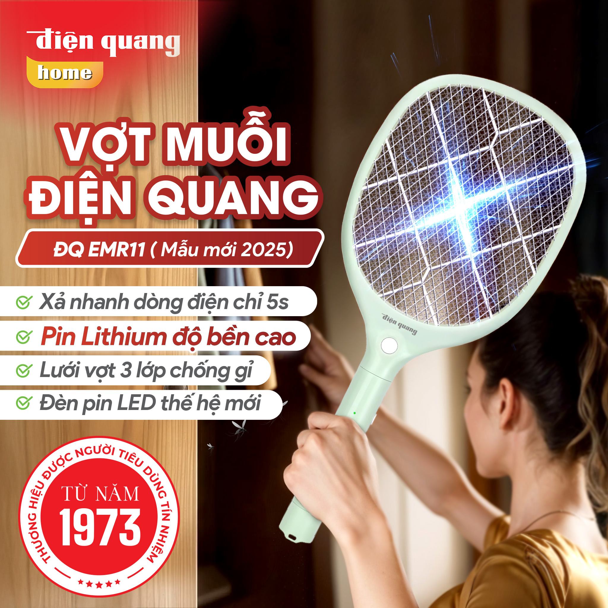 [Mẫu mới 2025] Vợt Muỗi Điện Quang ĐQ EMR11 Pin Lithinum Bảo Hành 12 Tháng