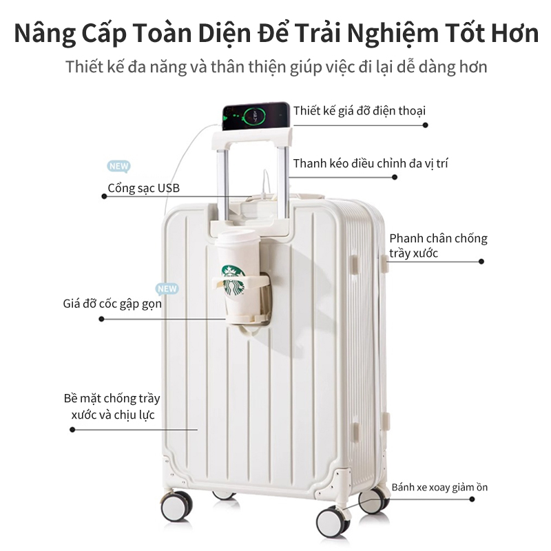 Vali du lịch chất lượng cao vali kéo nhựa Size20/24inch, trang chống va đập trầy xước kèm kệ cốc