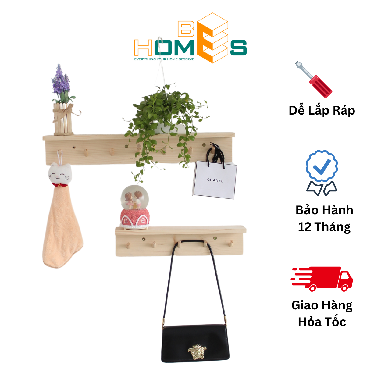 Kệ gỗ Behomes treo tường 5-7 móc