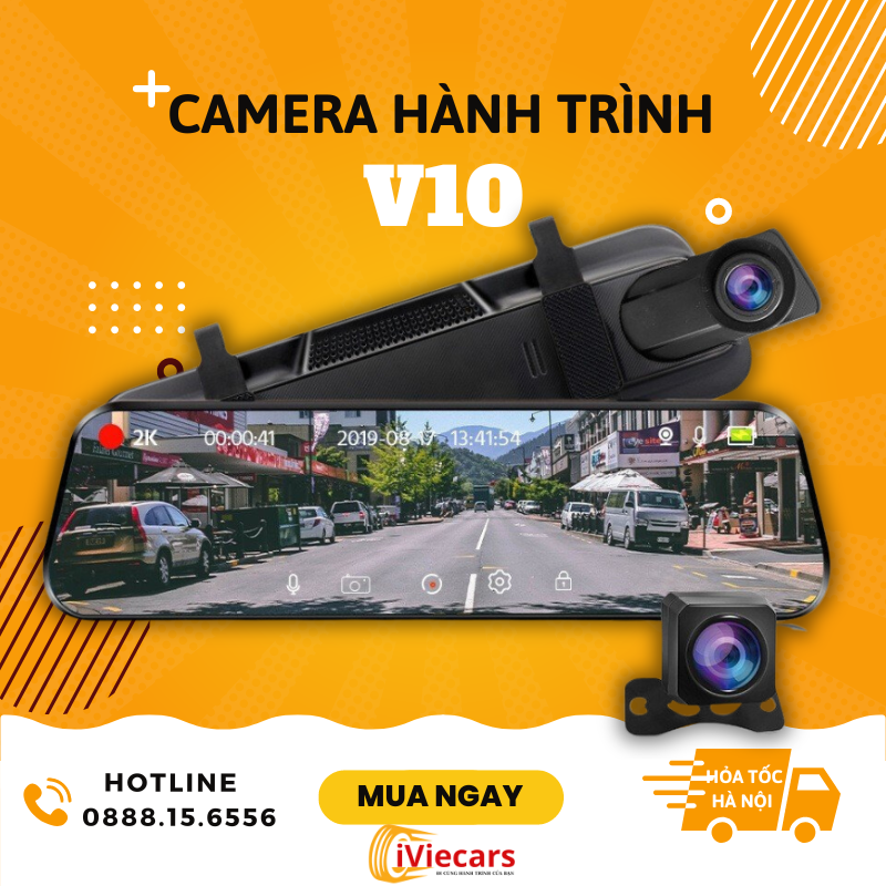 Camera hành trình ô tô V10 gương màn lớn trước sau độ phân giải 2K Full HD kết nối điện thoại hỗ trợ quay đêm, bảo hành 12 tháng