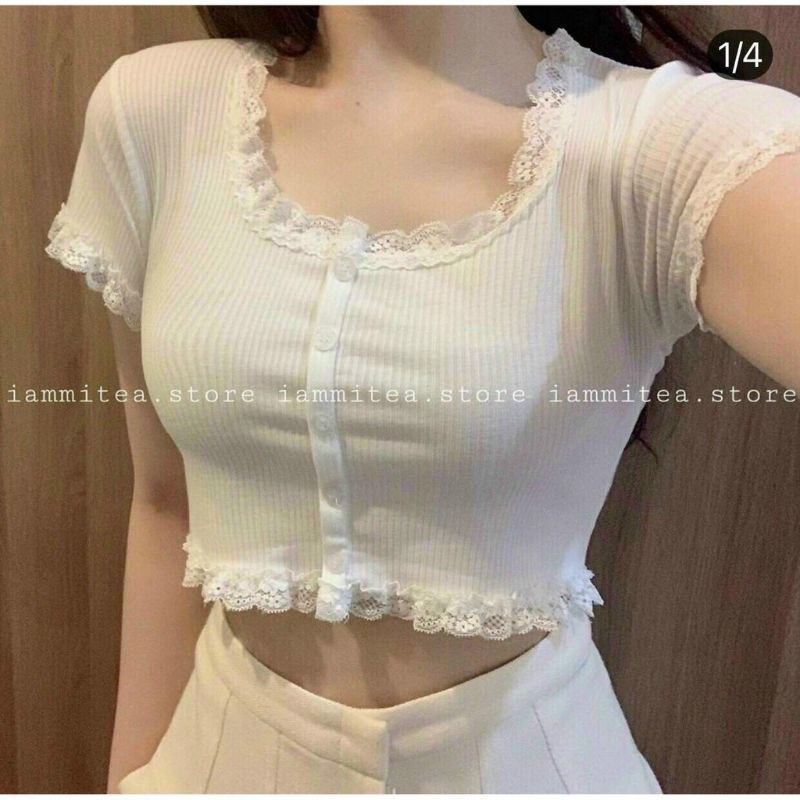 Áo croptop cổ vuống tay ngắn phối ren