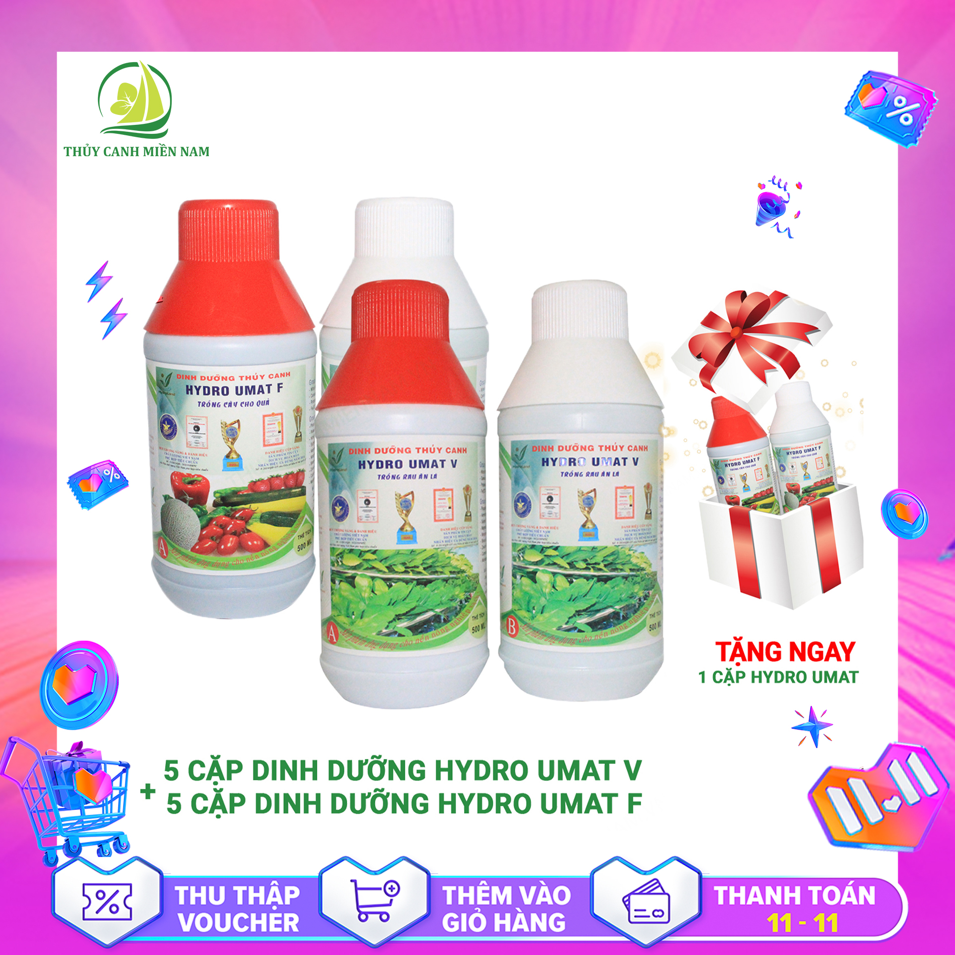 Combo 5 cặp dung dịch dinh dưỡng thuỷ canh Hydro Umat V cho rau ăn lá & 5 cặp dung dịch dinh dưỡng Hydro Umat F cho cây ăn trái, củ quả loại 1L, dễ sử dụng, date xa 🎁 Tặng 1 cặp Hydro Umat F 🎁