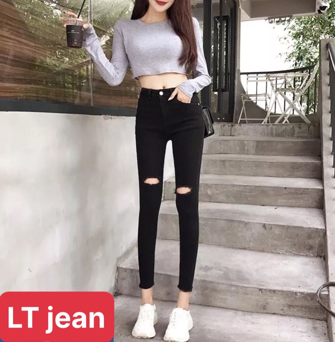 [Mua 2 giảm 5%] Quần jean nữ đen co size đại·· rách gối 2 bên chất bò co dãn fom nâng mông tôn dáng