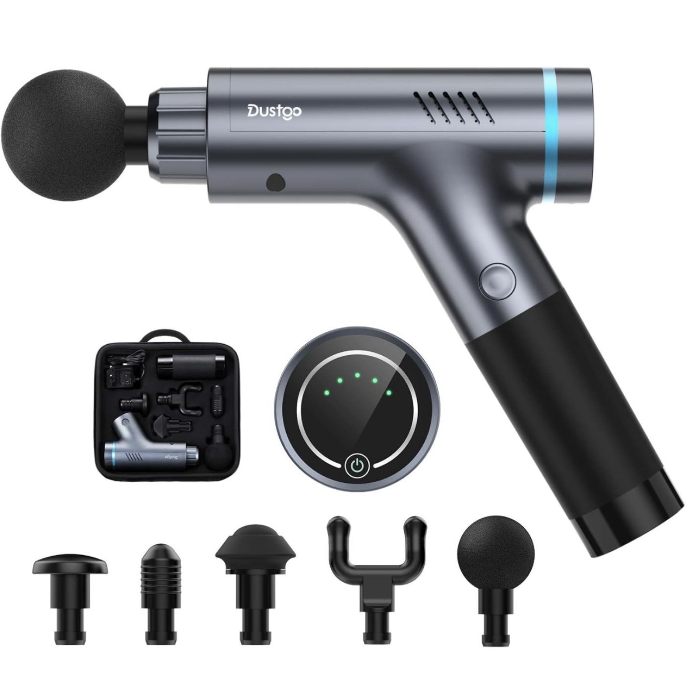 Súng massage Dustgo với 5 đầu massage và 32 tốc độ, có màn hình Led