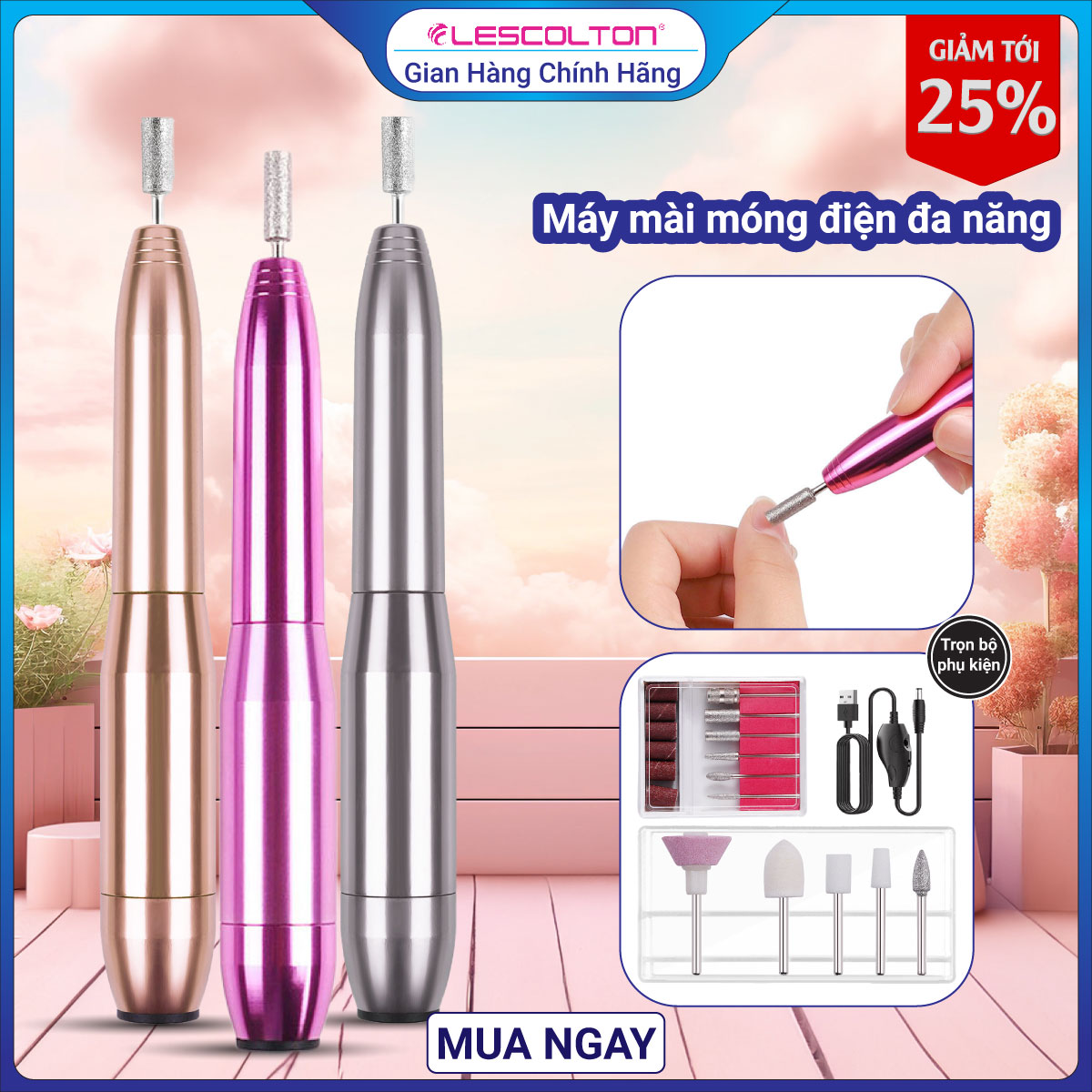 Dụng cụ mài móng tay Lescolton máy mài móng tay mini giúp mài mịn, phá bột gel, an toàn và không đau