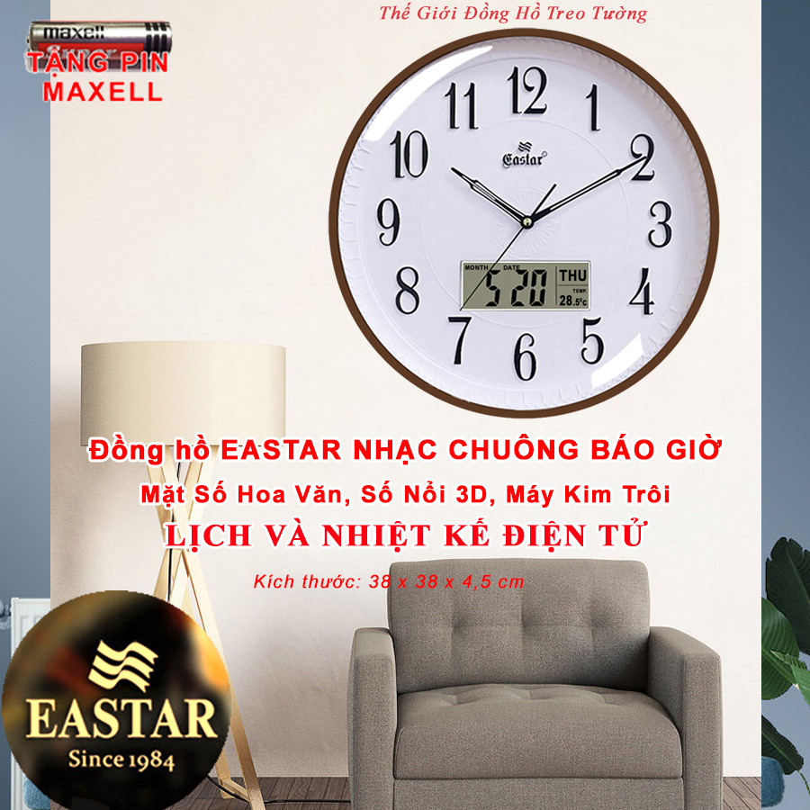 Đồng hồ Treo tường NHẠC CHUÔNG Báo Giờ EASTAR KIM TRÔI, LỊCH Vạn Niên và NHIỆT KẾ Điện tử - Bảo Hành 1 Năm - Tặng 4 Pin Maxell