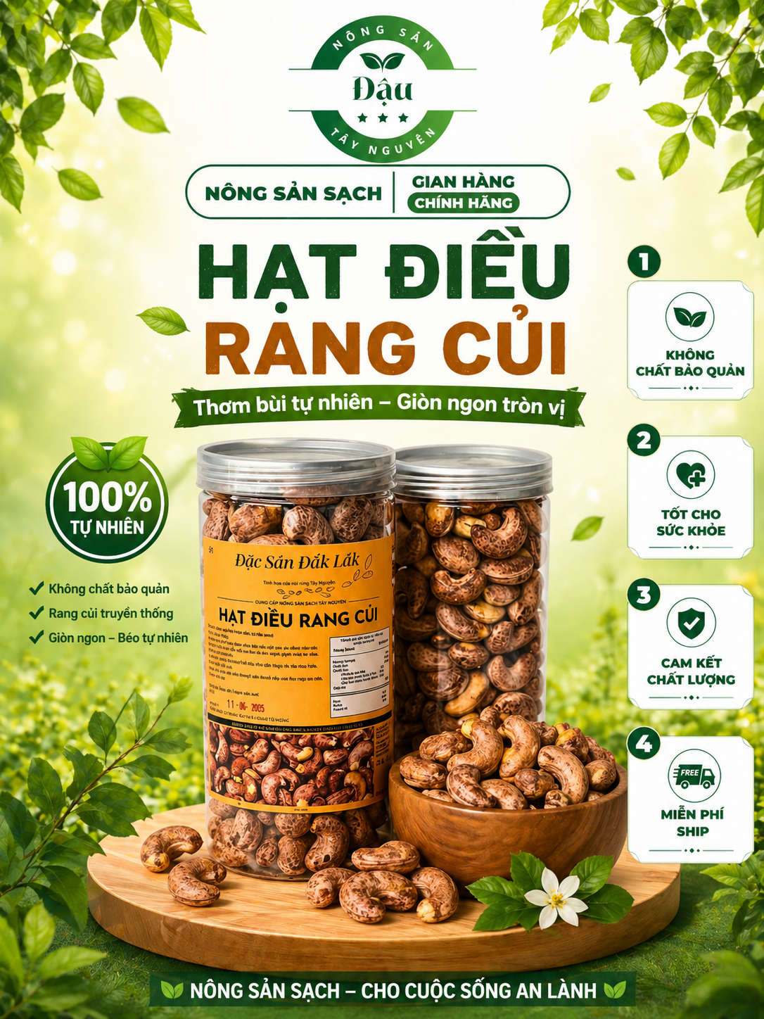 Hạt Điều Rang Củi Bình Phước Loại 1 (Lon PET 500g) - Hạt Điều Size A A Còn Vỏ Lụa Giòn Bùi