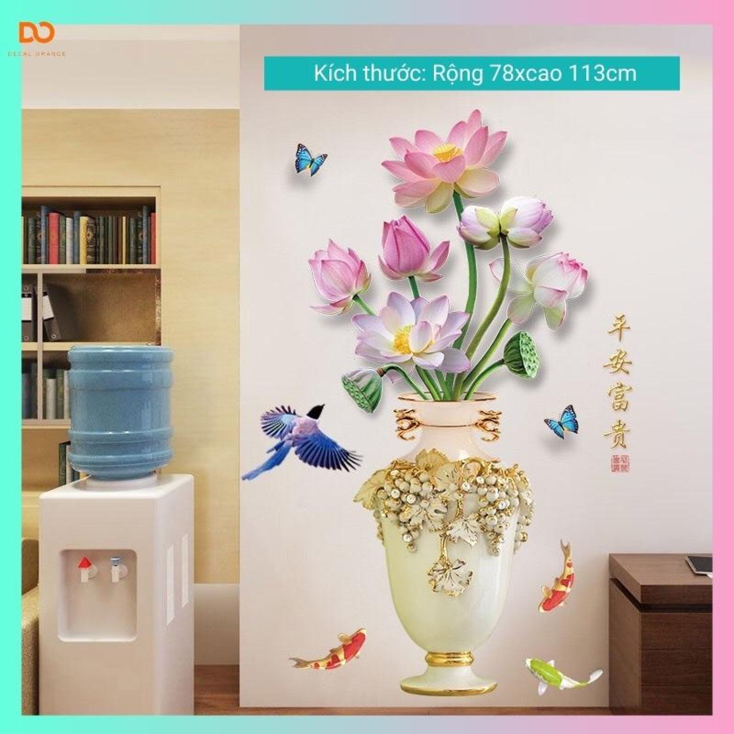 Decal dán tường, Tranh dán tường bình hoa 3D trang trí phòng khách phòng ngủ cầu thang AD06