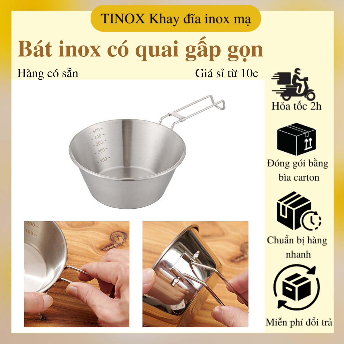 Bát ăn dã ngoại TINOX chén inox 304 có tay cầm gấp gọn đi phượt cắm trại BBQ ngoài trời BI020 Tamushop92