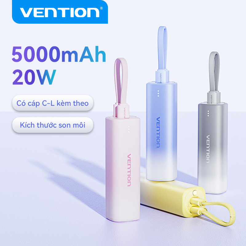 Vention 5000mAh Sạc Dự Phòng Độ Dần Thay Đổi màu Tích Hợp Dây Sạc Nhanh với Màn Hình LED dành cho iPhone 15 14 13 pro max Huawei Mate 60 Samsung S24 S23 Ultra Xiaomi 12t 11t Bộ Sạc Ngoài Xách Tay Nhỏ Dễ Cất Trong Túi Powerbank