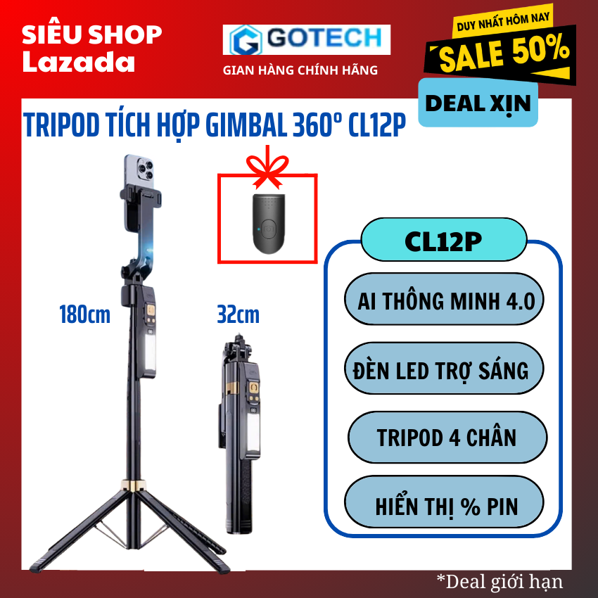Gậy chụp ảnh 4 chân tích hợp gimbal AI CL12-P - Tripod xoay 360 tự động thông minh từ xa có đèn led