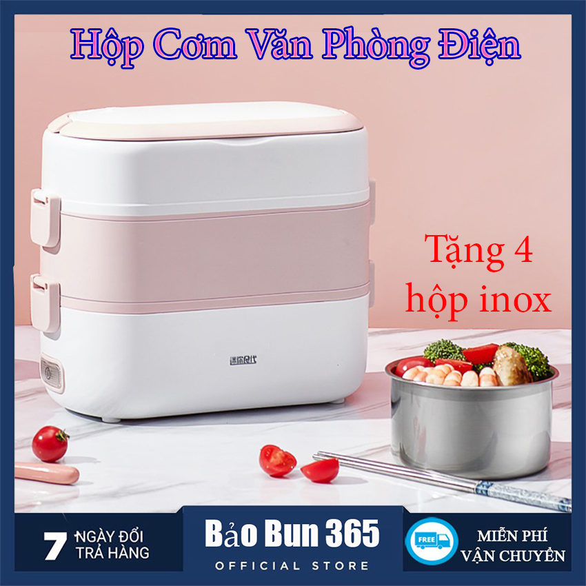 Hộp cơm cắm điện tự nấu chín, hộp cơm giữ nhiệt lõi inox có nắp chống tràn đa năng mini 2 tầng 4 ngăn dùng cho dân văn phòng tiện dụng