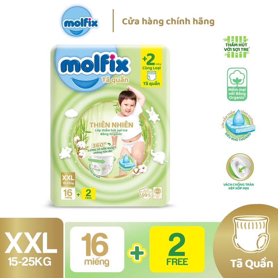 Tã/bỉm quần molfix thiên nhiên regular xxl - gói 16+2 miếng