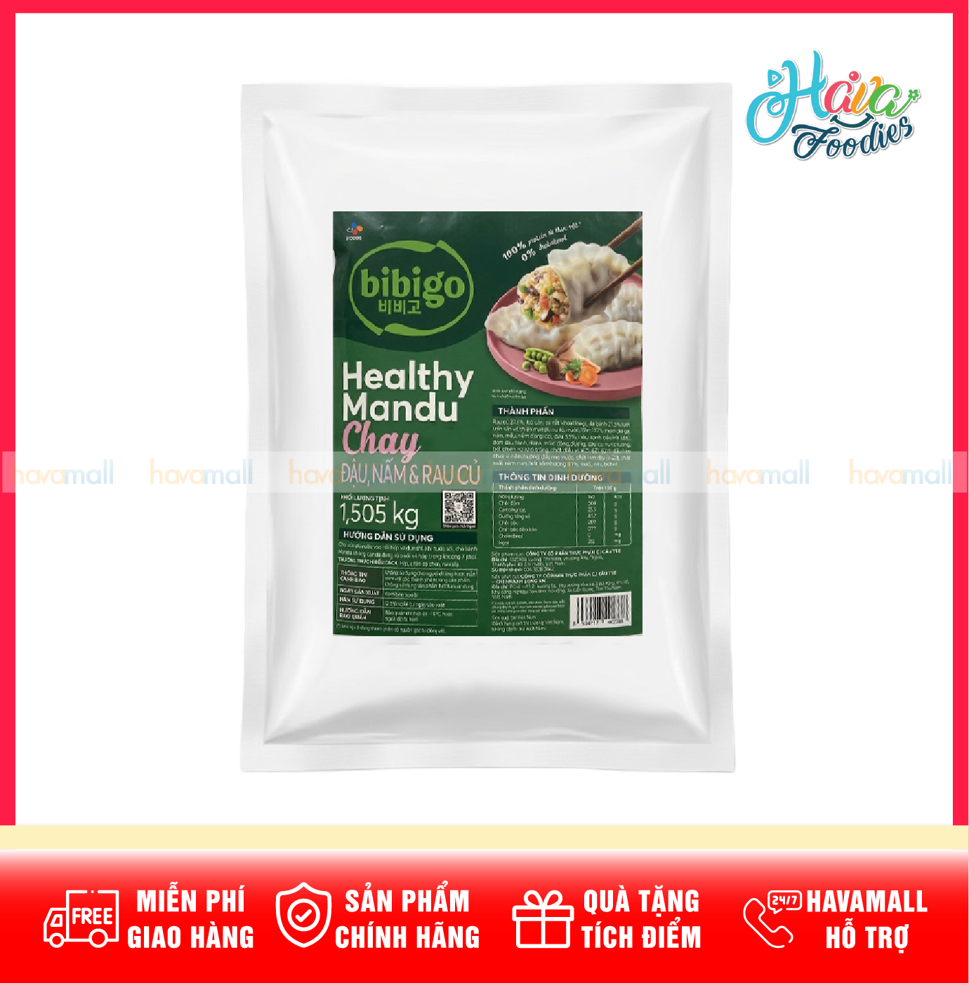 Bánh Xếp Healthy Mandu Chay Bibigo Đậu, Nấm & Rau Củ 1,505kg – Bibigo Healthy Mandu (Plant-based)