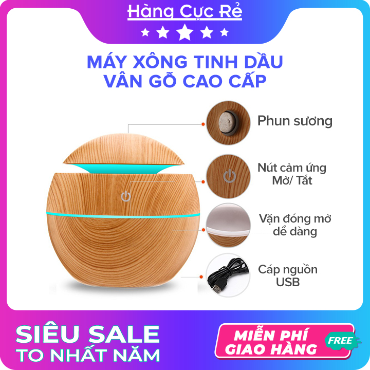 Máy xông tinh dầu vân gỗ cao cấp, khuyếch tán, phun sương, tạo ẩm, nút cảm ứng có đèn led 7 màu - Shop Hàng Cực Rẻ