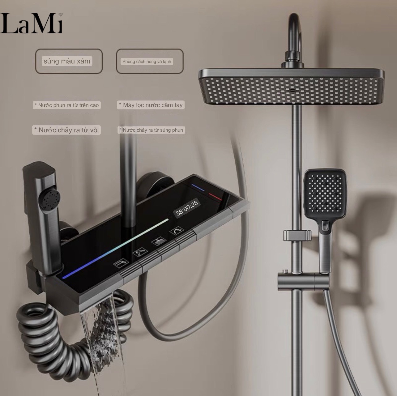 Vòi sen tắm, vòi hoa sen phím đàn hiển thị nhiệt độ 4 chức năng phủ titan 5 lớp lami sc102x led cao cấp