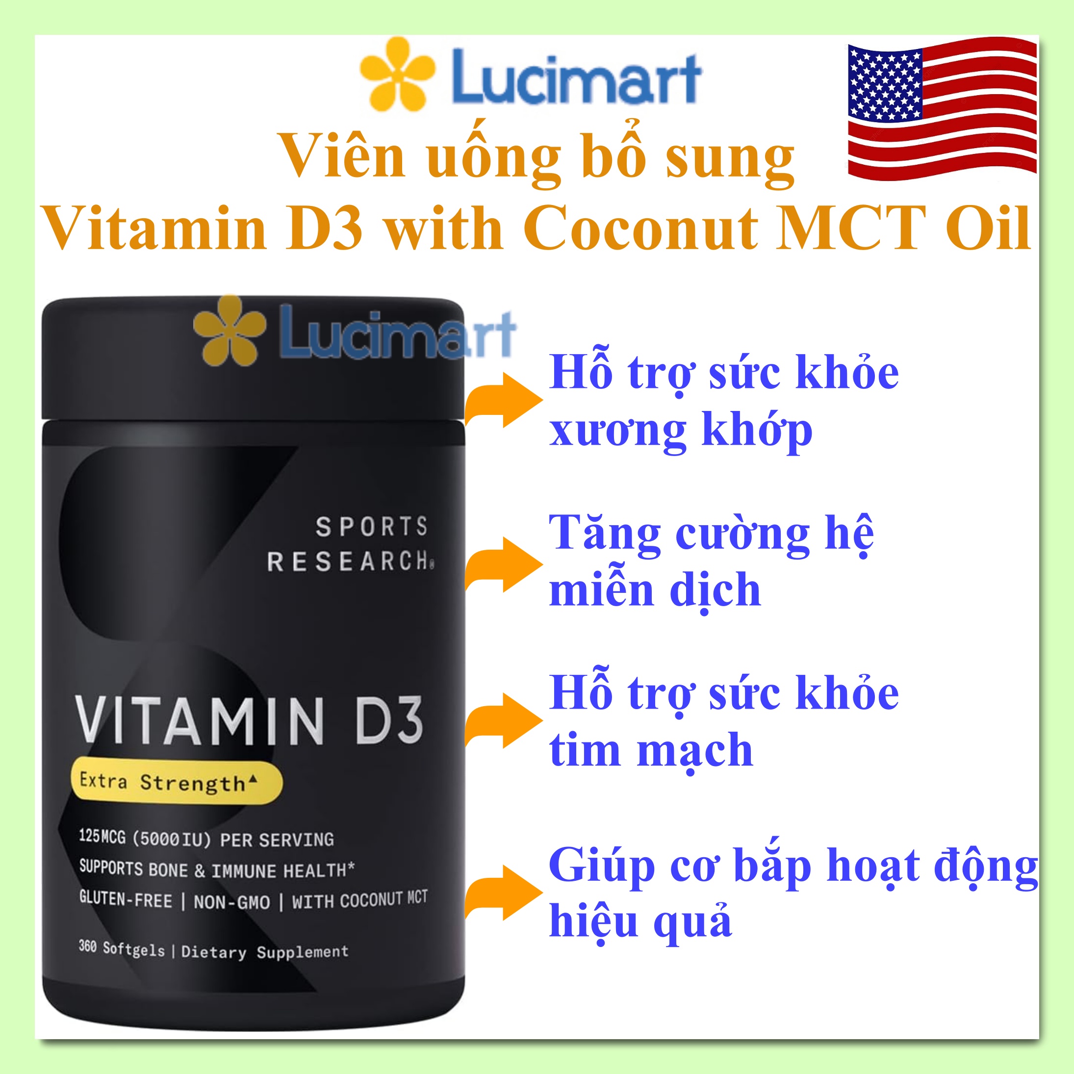 Viên uống bổ sung Vitamin D3 125mcg (5000 IU) with MCT Oil Sports Research hũ 360 viên [Hàng Mỹ]