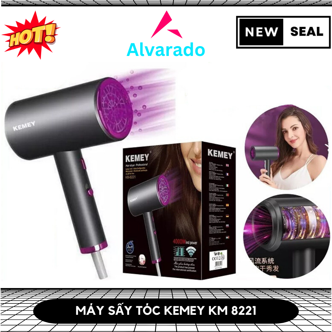 Máy sấy tóc kemey km 8221 , công suất 4000w , 3 mức gió và 3 nhiệt độ gió , ở hữu công nghệ sấy và bổ sung ion âm giúp bảo vệ tóc , chất liệu cao cấp, chịu nhiệt tốt, bền bỉ