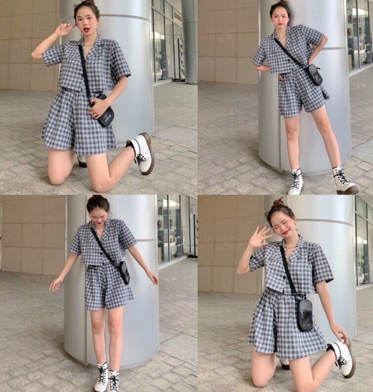 Set áo vest crt mix chân váy kẻ vintage f1