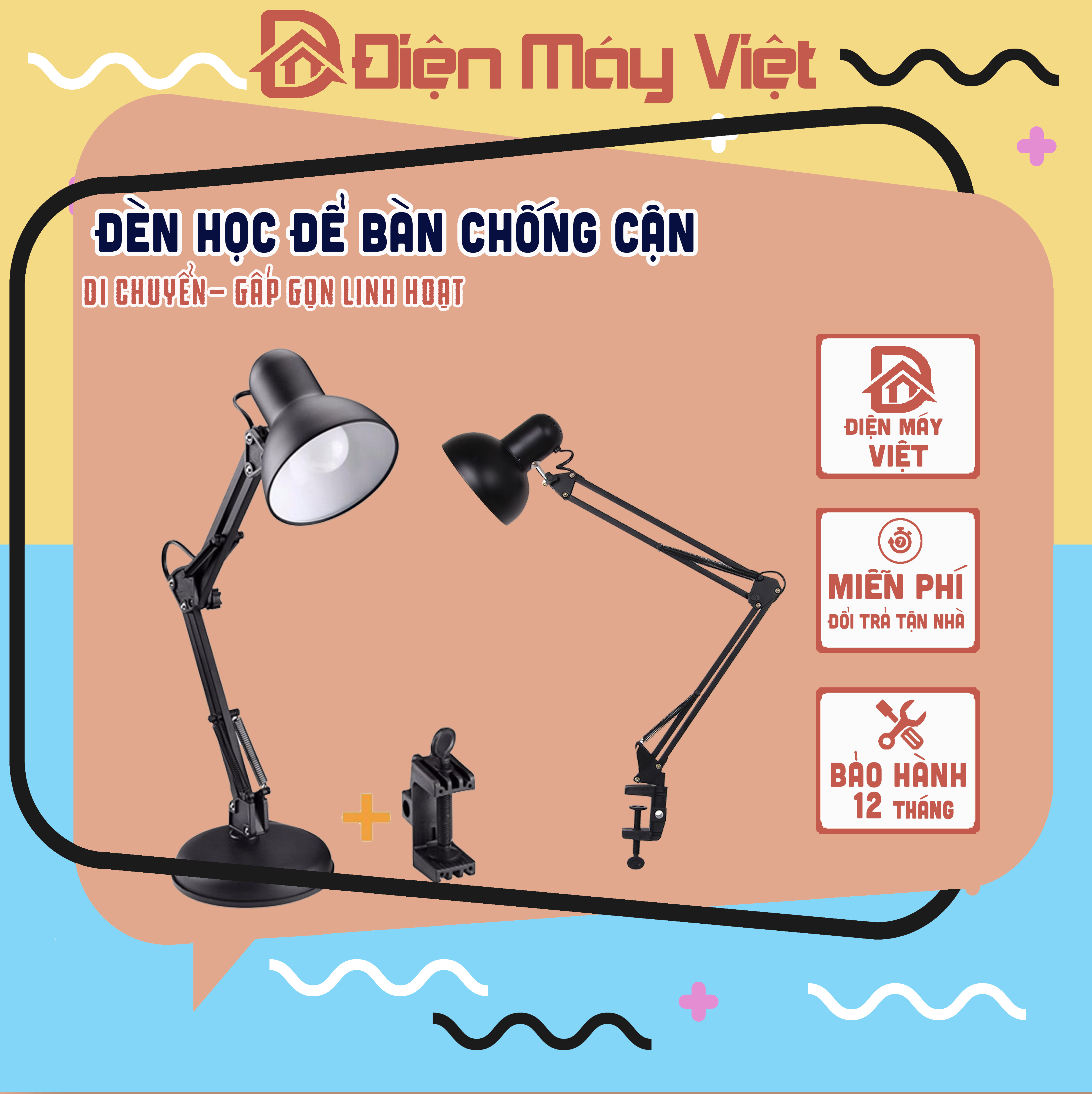 Đèn học, làm việc để bàn gấp gọn có chân đế kẹp và để bàn tiện dụng - bh 12 tháng