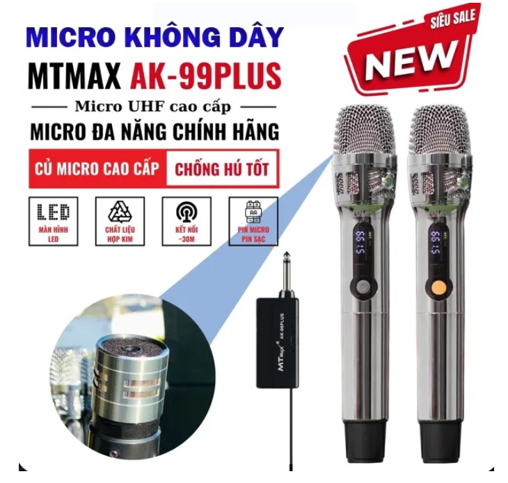 Micro Không Dây Đa Năng MTMAX AK99Plus Triệt Tiếng Hú Bắt Sóng Xa Lên Đến 50m Hút Âm Cực Tốt Chất Tiếng Sáng Micro Hát Karaoke Không Dây Dùng Cho Loa Kẹo Kéo Amply Mixer Kết Nối Với Nhiều Thiết Bị Bảo Hành 12 Tháng.