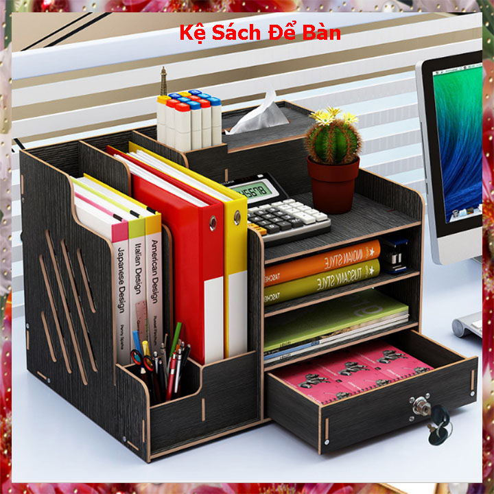 Kệ sách để bàn bằng gỗ đẹp dễ dàng lắp ghép có nhiều ngăn, để bàn học bàn làm việc văn phòng