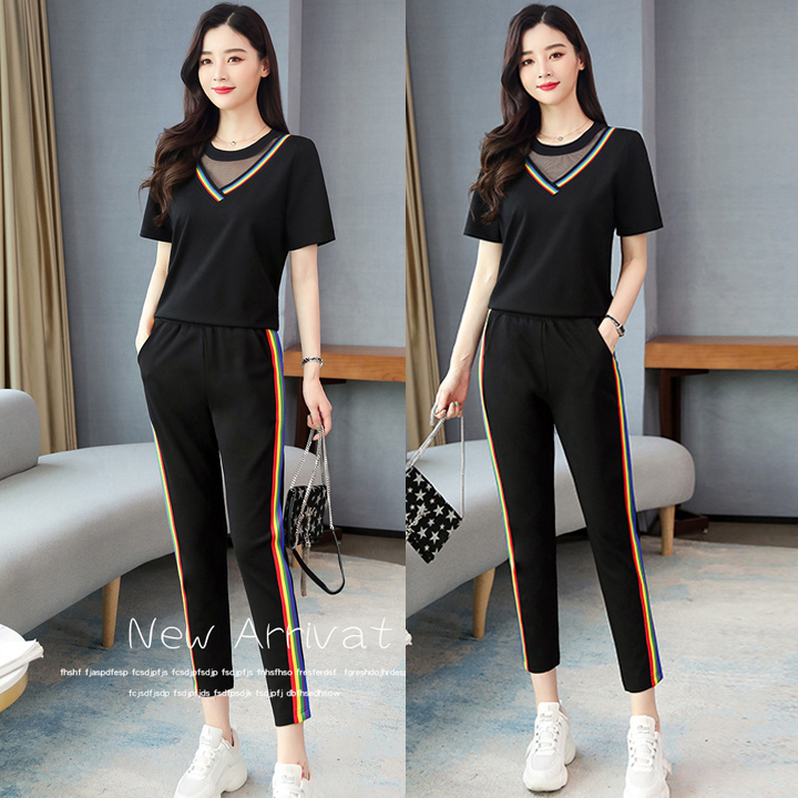 [HCM]Đồ bộ thể thao nữ cổ tim phối lưới viền sọc 100% cotton mát mịn không xù hàng may đẹp TT397