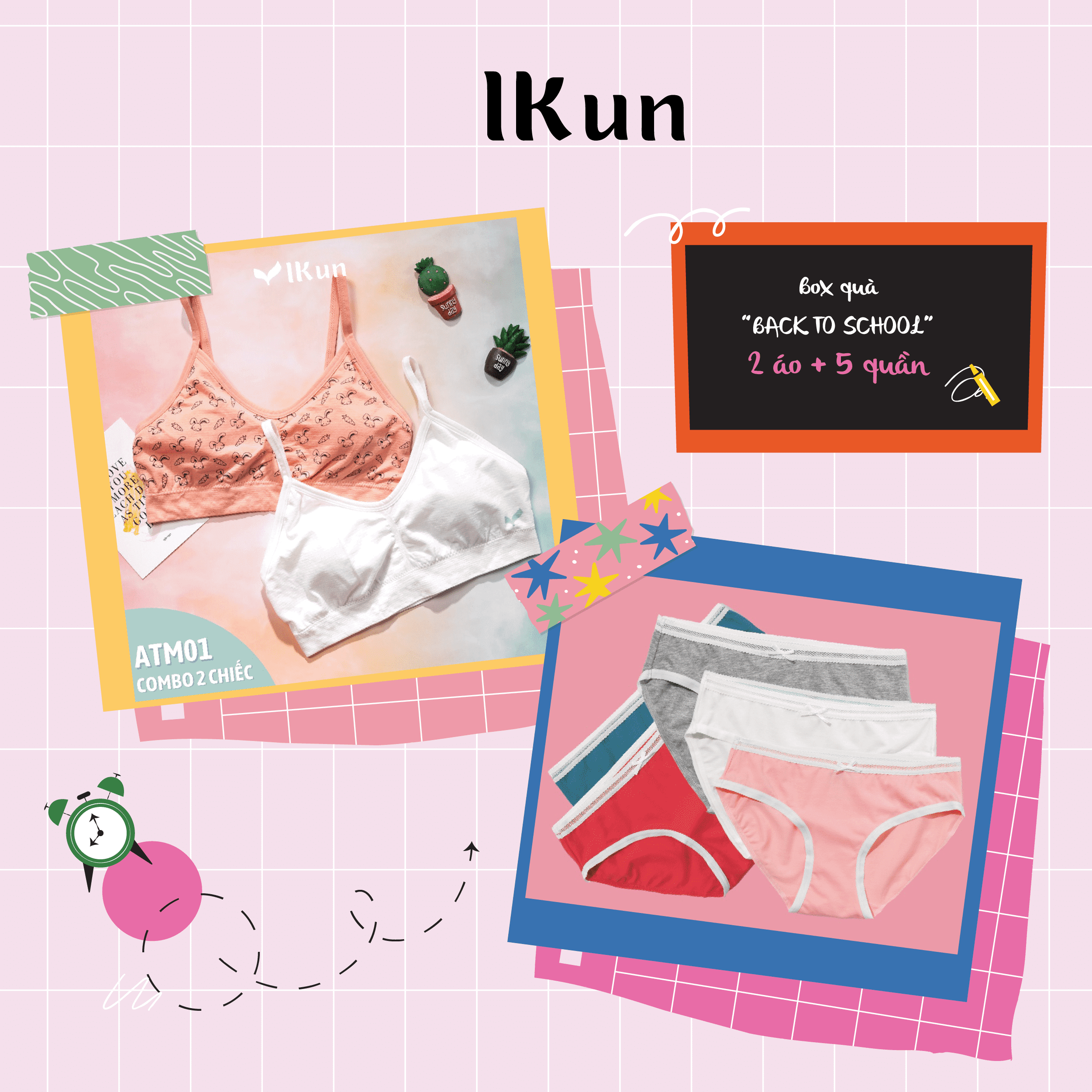 Combo 2 áo ngực cotton chui đầu cho bé kèm 5 quần lót cotton kháng khuẩn được chọn màu IKUN