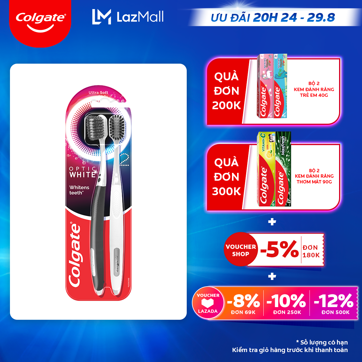 Bộ 2 bàn chải Colgate trắng răng Optic White với lông chải 2 tầng sạch vượt trội